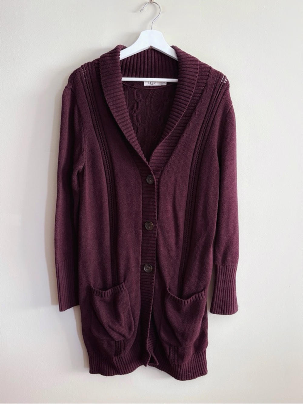 UGG Cardigan M/L Burgundy Cotton Knit Button Chunky Cozy Chic Preppy Casual